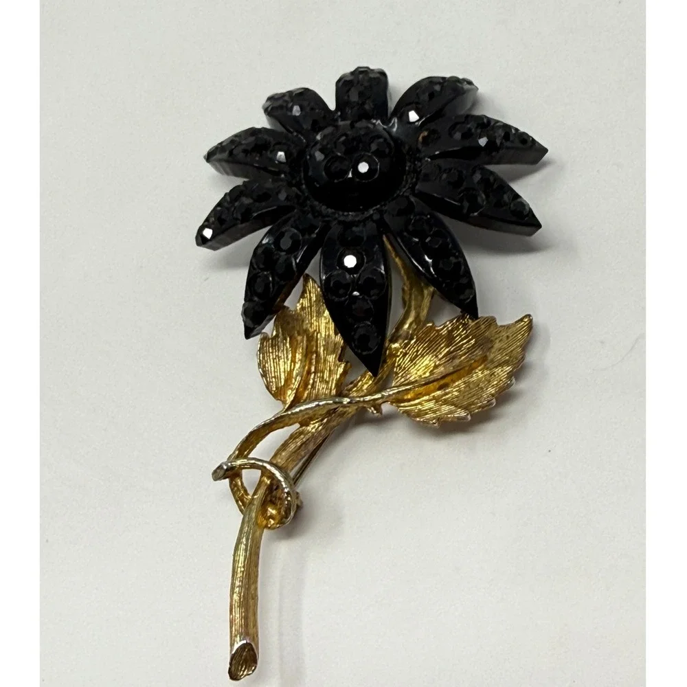 Vintage‎ Black Rhinestone Sunflower Brooch Gold Tone Stem Flower Pin Accessory
